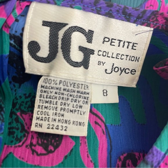 Vintage JG Collection Petite Blouse 8 Teal Pink Blue 1980’s S/S Padded Shoulders - Picture 9 of 9